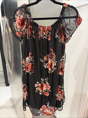 Xhilaration Black Off-Shoulder Tunic with Rust Floral Print